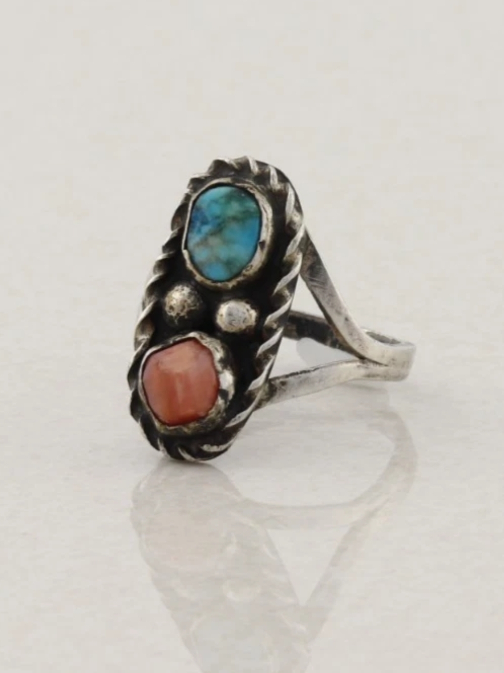 Sterling Silver Turquoise and Coral Cocktail Ring - Blue and Coral Accent